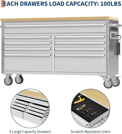 61-Inch Heavy-Duty Rolling Tool Chest & Mobile Workbench with 9 Drawers, Steel Storage Cabinet, Rubber Wood Tabletop, Key Locking System and Drawer Liners for Garage, Workshop, Repair Shop, Silver