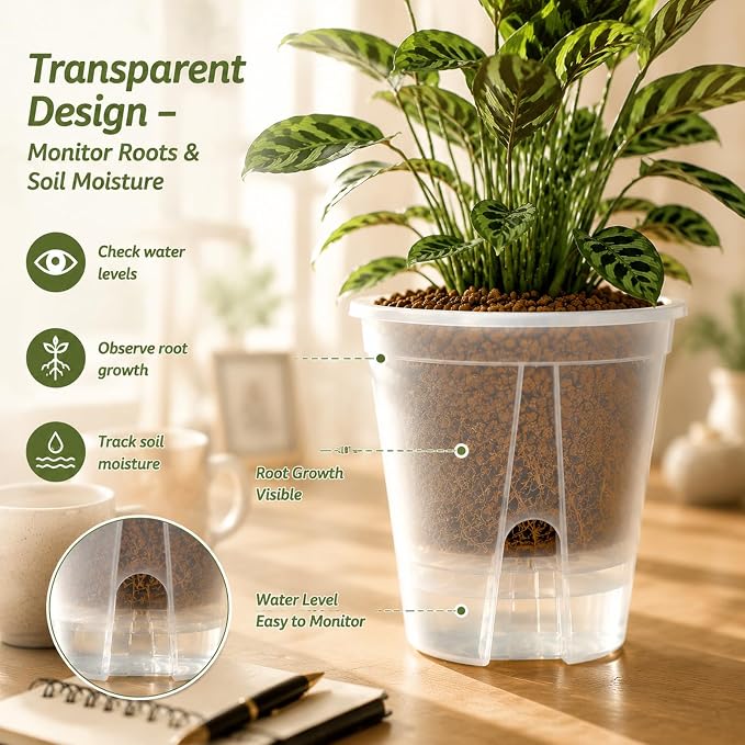 Self Watering Pots Clear – 9 Pcs Indoor & Outdoor Planters with 5", 6", 7" Sizes, Deep Reservoir, High Drainage & Breathable Design, Perfect for Busy, Travel, Beginner Plant Care