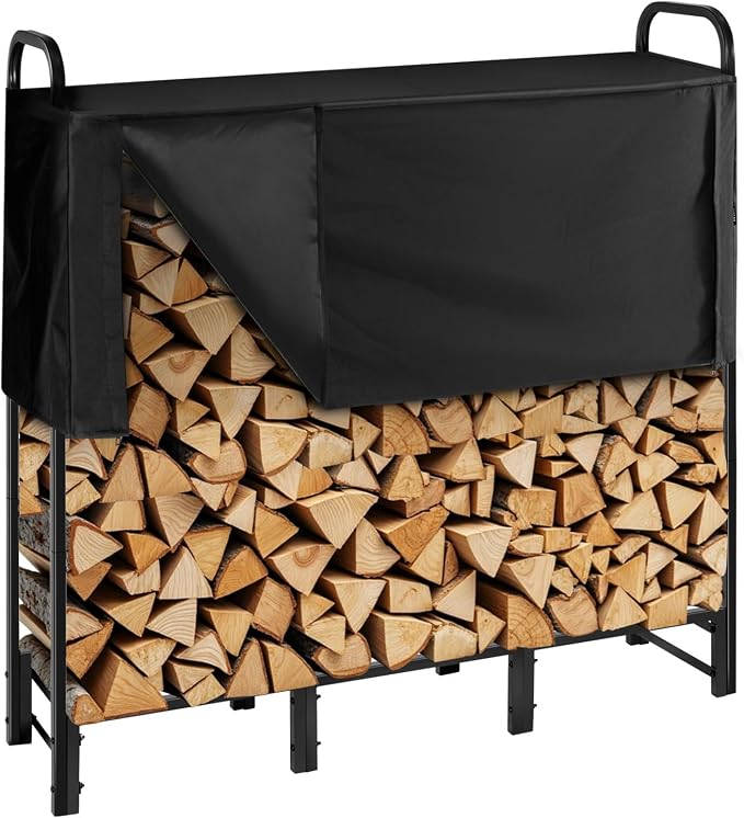 VEVOR Firewood Rack with Waterproof Cover, 4 ft Outdoor Firewood Holder, 1/4 Cord Storage Metal Log Holder, 400lb Max Weight Capacity, Top Covered, Powder-Coated Wood Storage Rack for Fireplace Deck