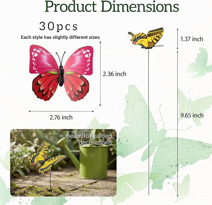 30PCS Butterfly Decor Outdoor Butterfly Garden Stakes for Garden Decor | 3D Waterproof Colorful Artificial Butterflies Picks for Crafts Flower Arrangements Outdoor Indoor Spring