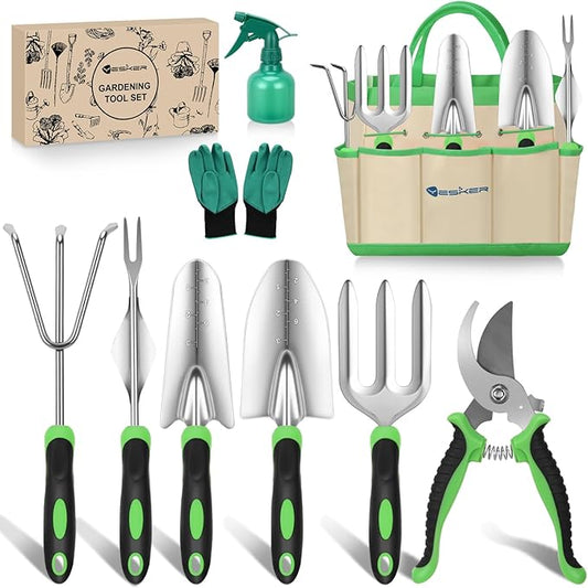 Yesker Gardening Tools 9-Piece Heavy Duty Garden Tool Set Gardening Supplies Gifts for Women Men Gardening Hand Tool Kit with Non-Slip Ergonomic Handle, Garden Bag, Durable Gloves and Shears, Green