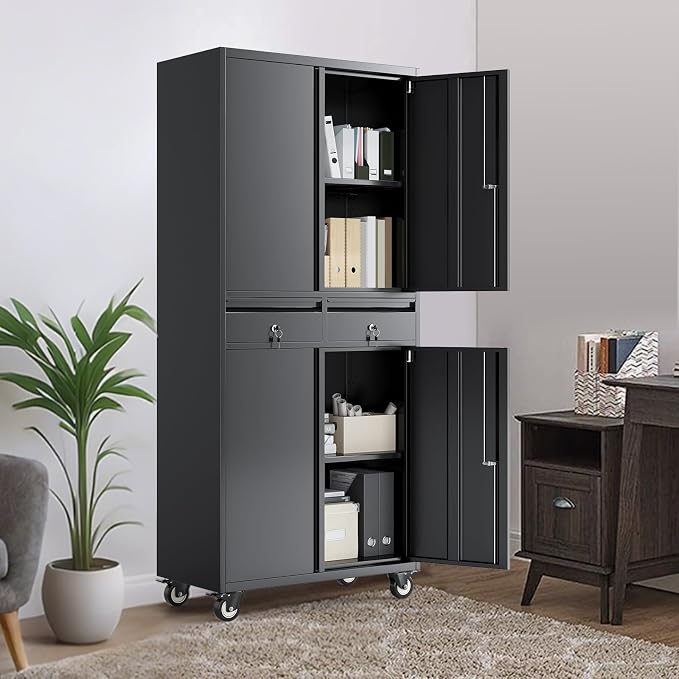 71" Black Metal Storage Cabinet with Wheel, Garage Storage with 2 Drawers + 2 Adjustable Shelves, Heavy Duty Tool Cabinet with Locking Doors for School, Workshop, Office, Black