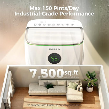 ZAFRO 150 Pints Smart Dehumidifier with Drain Hose Up to 7500 Sq.Ft, 2.11 Gal Large Water Tank, Most Efficient Energy Star 6.0, WiFi Enabled, 6 Modes, Auto Humi, Basement Bedroom Bathroom Dehumidifier