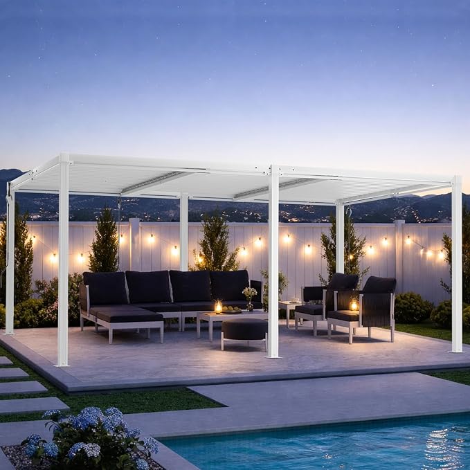 Louvered Pergola 12'x20' Outdoor Pergola with Roof, Heavy Duty Aluminum Frame, Hardtop Gazebo with Adjustable Louvers for Patio, Deck and Backyard, White