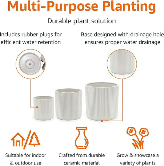Amazon Basics Fluted Ceramic Planters for Indoor Outdoor Plants, Round Flower Pots with Drainage Hole, Set of 3, 6 inch, 8 inch, 10 inch, White