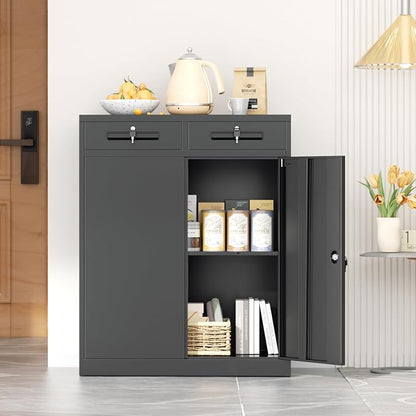 INTERGREAT Metal Garage Storage Cabinets with Lock,Steel Storage Cabinet with Drawer and 2 Adjustable Shelves, Small Lockable Office Steel Cabinet for Home, Warehouse, School, Black