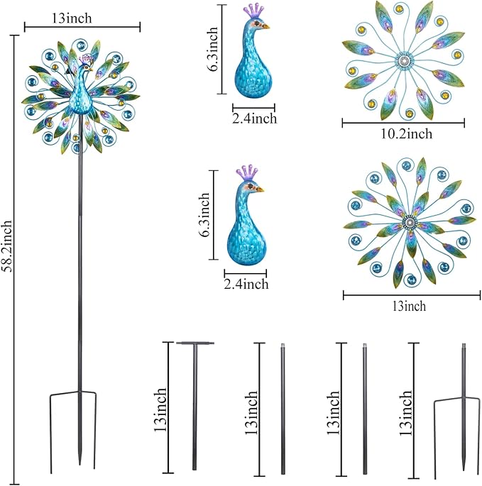 Stargarden 58 Inch Peacock Wind Spinner-Double Wind Sculpture | Metal Windmill for Garden Patio Yard Decor