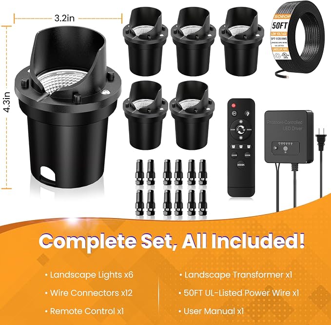 Low Voltage Landscape Lighting Kit, Well Lights with 144W Transformer & Wires, 5CCT In-ground Lights IP67 Waterproof 12-24V AC/DC Outdoor Path Lights for Garden Yard, 6 Pack