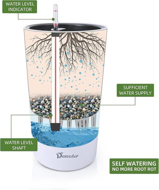 Dexceder 22x13 Self Watering Tall Planter (White Matte) | High Cylinder, Thickened Large Floor Standing Flower Plant Pot with Water Level Indicator Indoor Outdoor