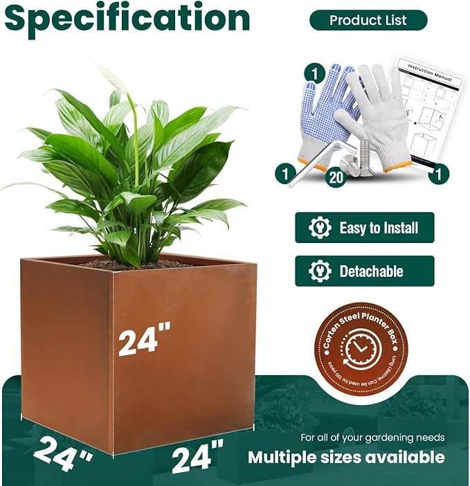 Corten Steel Planter Box Large Outdoor Planter 24 Inch Square Cube Planters Rustic Metal Garden Planter for Commercial Residential Patio and Yard