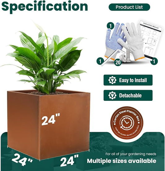 Corten Steel Planter Box Large Outdoor Planter 24 Inch Square Cube Planters Rustic Metal Garden Planter for Commercial Residential Patio and Yard