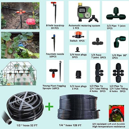 160Ft Drip Irrigation System for with Water Timer Main Water Hose ID 1/2inch 32Ft, 1/4in 131Ft, Sufficient Water Pressure, Irrigation Dripper Waterflow Evenly, Easy DIY Automatic Watering System