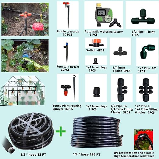 160Ft Drip Irrigation System for with Water Timer Main Water Hose ID 1/2inch 32Ft, 1/4in 131Ft, Sufficient Water Pressure, Irrigation Dripper Waterflow Evenly, Easy DIY Automatic Watering System
