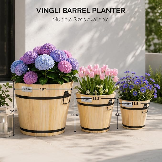 VINGLI 3 PCS Large Wooden Planter Barrel Set, 11.5"(Dia)- 18"(Dia), Real Wood Flower Pot with Drainage Holes, Different Sizes, Large Garden Container Box, Indoor & Outdoor (Honey)