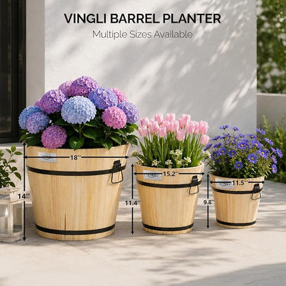 VINGLI 3 PCS Large Wooden Planter Barrel Set, 11.5"(Dia)- 18"(Dia), Real Wood Flower Pot with Drainage Holes, Different Sizes, Large Garden Container Box, Indoor & Outdoor (Honey)