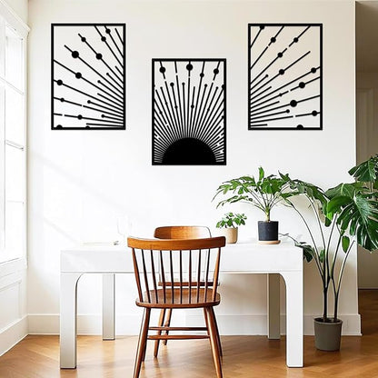 ruelen Black Metal Sun Wall Decor, Set of 3 Minimalist Sunshine Line Art Sculpture, Large Outdoor Metal Wall Art, Nautical Black Celestial Outdoor Decorative Wall Panel for Outside & Modern Home Wall Decor(15.7x11'' Per Piece)