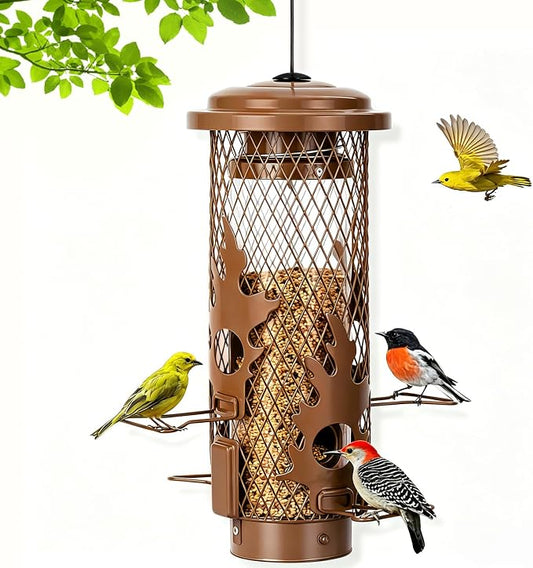 Gbekery Squirrel Proof Bird Feeders for Outdoors Hanging, Brown | Metal Wild Bird Feeders for Small Birds with Weight Activated Perches, Weatherproof and Durable, Perfect for Backyard Garden