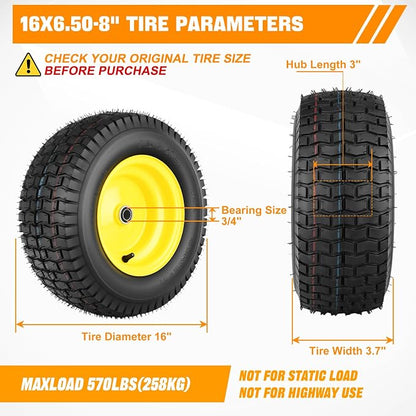 Yesker 16x6.50-8 Pneumatic Lawn Mower Tire and Wheel with 3/4" Bearing Bore, 16x6.50-8nhs Rubber Riding Lawnmower Tires with 3" Center Hub, 2 Pack
