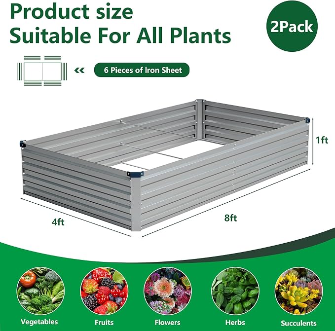 Vengarus 2PCS 8x4x1ft Galvanized Raised Garden Beds Kit,Planter Box Silver | Galvanized Steel, Rectangular Metal Planter Raised Beds, Vegetables, Herbs, Flowers, Easy Assembly, Rustproof Safe Backyard