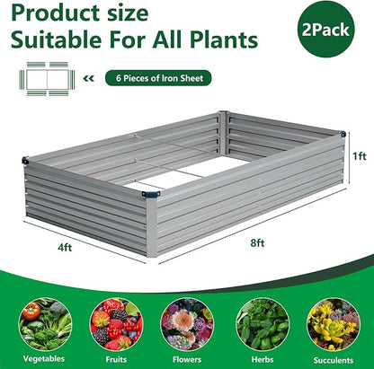 Vengarus 2PCS 8x4x1ft Galvanized Raised Garden Beds Kit,Planter Box Silver | Galvanized Steel, Rectangular Metal Planter Raised Beds, Vegetables, Herbs, Flowers, Easy Assembly, Rustproof Safe Backyard