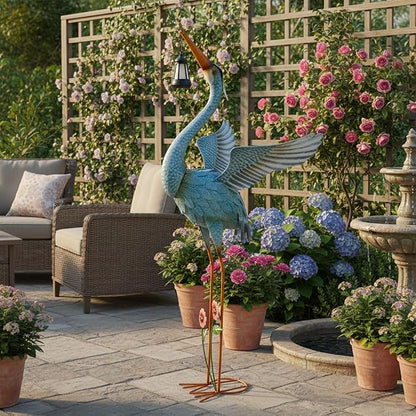 Crane Garden Statue with Solar Lantern,Large Blue Heron Outdoor Staue | Metal Crane Sculpture, Yard Art Decor for Garden, Lawn, Backyard, Porch