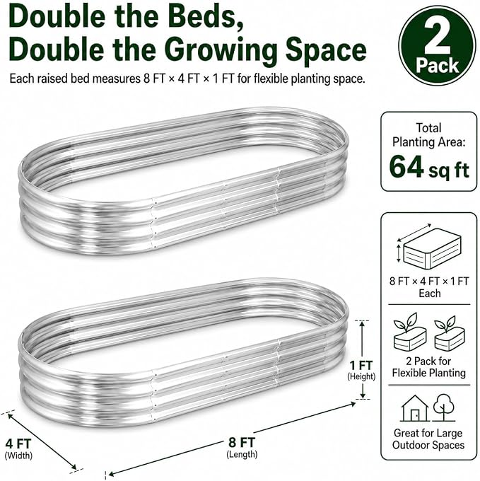HOOPLE 2 Pack 8x4x1FT Galvanized Raised Garden Beds for Vegetables, Large Oval Metal Planter Box Outdoor, 32 Cu Ft Deep Open Bottom Garden Bed Kit for Backyard, Flowers, Herbs & Deep-Rooted Plants