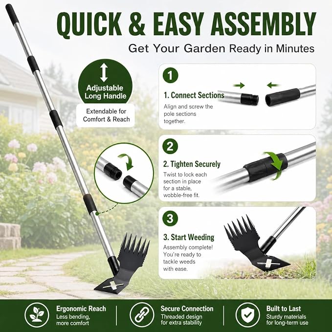 Weed Puller Tool with Long Handle, 60'' Adjustable Long Manual Weeder Remover Tool，2 in 1 Weed Rake and Gardening Weeder Tools for Yard, Lawn, Patio, Garden