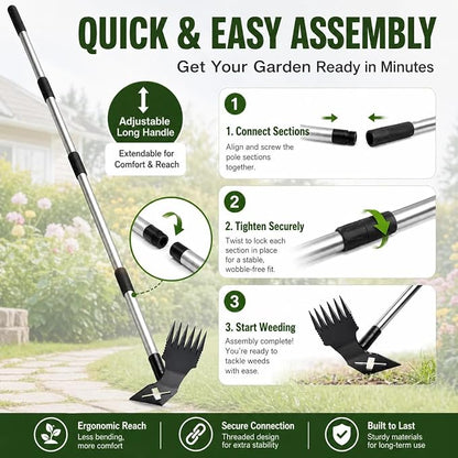 Weed Puller Tool with Long Handle, 60'' Adjustable Long Manual Weeder Remover Tool，2 in 1 Weed Rake and Gardening Weeder Tools for Yard, Lawn, Patio, Garden