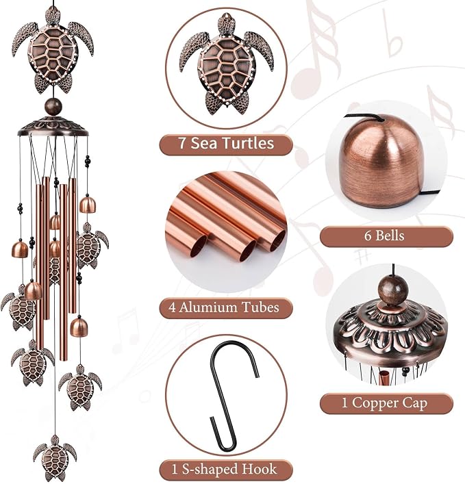 Wind Chimes Outdoor Clearance, 35" Sea Turtle Wind Chime, Outdoor Aluminum Wind Chimes with S Hook, Memorial Gift for Mom Grandma