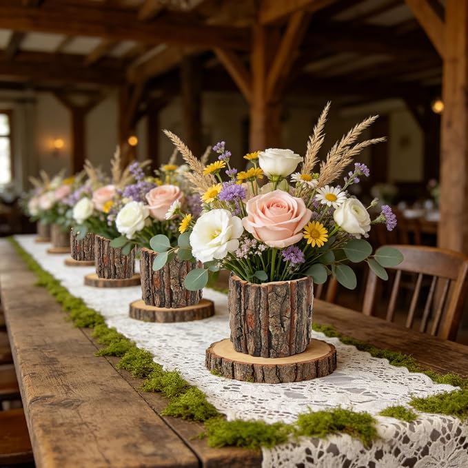 12 Pcs Wooden Vases for Centerpieces, Wood Flower Vase Rustic Tree Stump Planter Pots for Woodland Party Wedding Window Home Farmhouse Christmas Table Decor