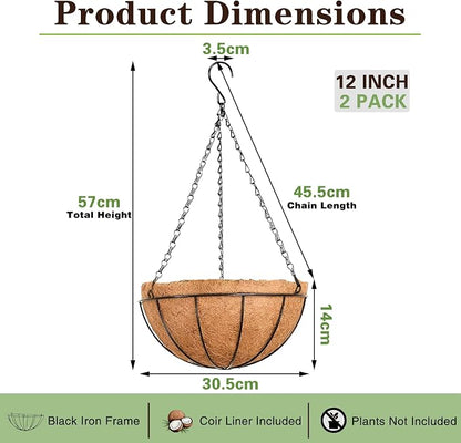 EIMQUVW Outdoor Metal Hanging Planters Basket (2pack, 12 inch) Hanging Baskets for Plants Chain Round Wire Plant Holder with Coco Fiber Liners for Garden, Patio, Deck, Porch
