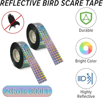 MP mypole Bird Scare Tape Ribbon, 2 * 300 Foot Reflective Tape Ribbon for Birds Woodpecker Scare Reflective Flash Tape Scare Birds Away for Outdoor, House, Garden, Patio, Orchard