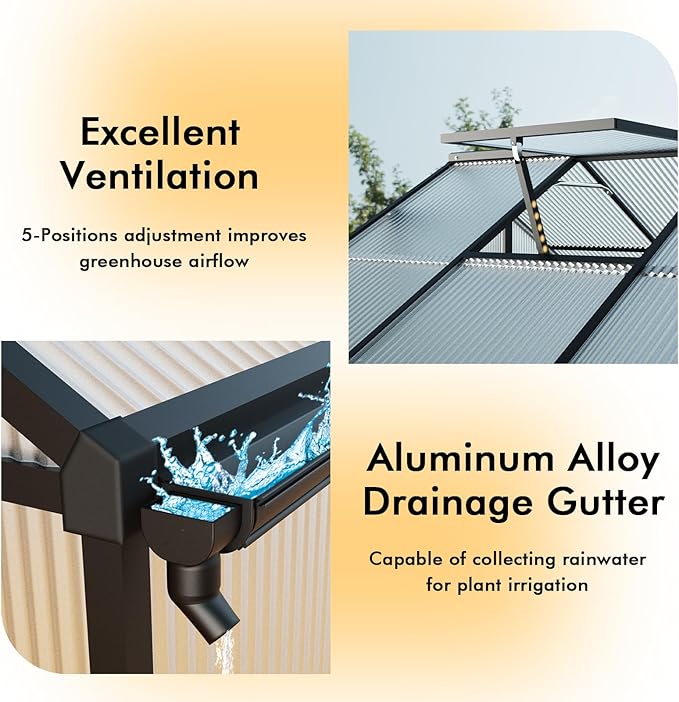 10X12FT Enhanced Aluminum Large Greenhouse for Outdoors with Thermometers | Easy Assembly, UV-Resistant Panel, Rain Gutter, Lockable Sliding Door, Built-in Reinforcement, For Vegetable, Flower and Herb