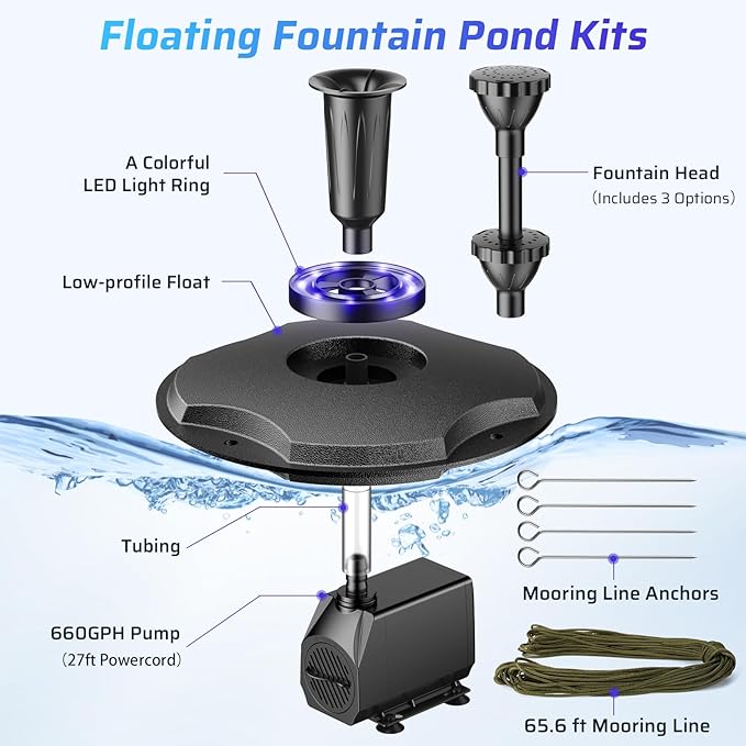 Antfraer Floating Pond Fountain with Remote Control RGB LED Lights, 40W 660GPH Water Pump with 3 Spray Modes, Floating Fountain 27FT Cord & 65.6FT Mooring Line for Garden Ponds, Outdoor Water Features