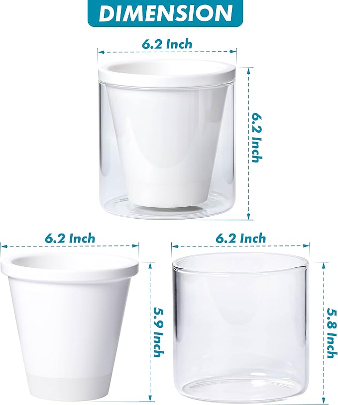 D'vine Dev 6 Inch Design Self Watering Planter for Indoor Plants, White Terracotta Pots with Cylinder Glass Cup, Set of 2, 37-Y-B-2