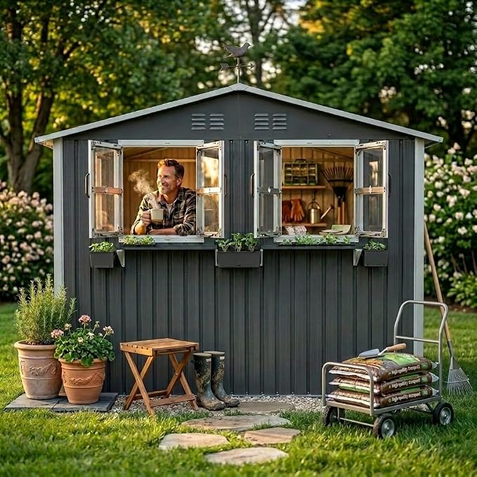 6x9 FT Outdoor Storage Shed with 2 Clear Openable Windows,Waterproof Metal Building Backyard Shed w/Windowsill & Garden Bed Flower Rack,Lockable Double Doors Tool Shed,for Yard,Coal Gray