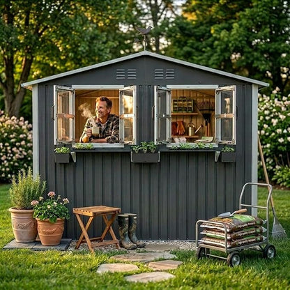 6x9 FT Outdoor Storage Shed with 2 Clear Openable Windows,Waterproof Metal Building Backyard Shed w/Windowsill & Garden Bed Flower Rack,Lockable Double Doors Tool Shed,for Yard,Coal Gray