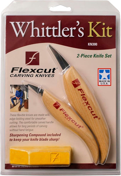 Flexcut Whittler’s Knife Kit (KN300) 2-Piece Set with KN13 & KN27 High-Carbon Steel Blades, Ergonomic Ash Wood Handles, Gold Polishing Compound, 5.2 oz, Made in USA