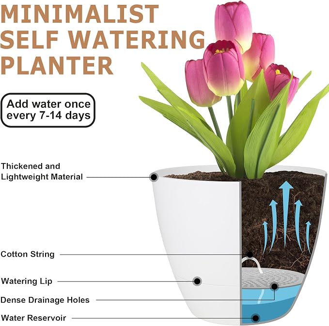 QRRICA Plant Pots 10/9/8/7.5/7 Inch Self Watering Pots, Set of 5 Plastic Planters with Drainage Holes and Saucers,Plastic Flower Pots,Nursery Planting Pot for Indoor Out Door Plants(Pure White)