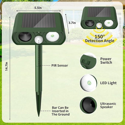 Solar Ultrasonic Animal Repellent Outdoor, Deer Repellent Devices Waterproof, Cat Squirrel Rabbit Dog Raccoon Deterrent Animal Repeller with Motion Detection, Keep Skunk Away for Yard, Green, 1 Pack