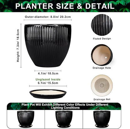 8 Inch Plant Pot, Ceramic Planter with Drainage Hole and Saucer, Modern Planters for Indoor Plants, Indoor Planter, Decorative Round Flower Pot, Apartment Decor, Plant Lover Gifts, Black