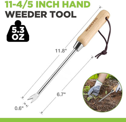 WORKPRO Dandelion Weeder Puller Tool with Wood Handle | Polished Stainless Steel Garden Weed Remover Tool, Two-Pronged Fork Weeder Tool for Lawn, Farmland, Transplant, Gardening