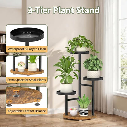 LASZOLA Plant Stand Indoor Corner with Grow Light, Heavy Duty 3 Tier Wooden Flower Holder Rack for Mutiple Plants, Planter Display Shelf for Patio Garden Balcony Living Room, Black