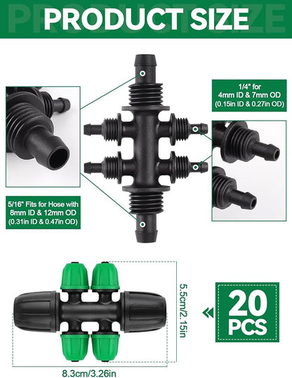 Kalolary 20PCS Locked Barbed Tee Connectors, 5/16" to 1/4" Drip Irrigation Fittings Kit 8/12mm to 4/7mm Tube Lock Female Connector 6-Way Barbed Lock Irrigation Parts for Watering System (Black Green)