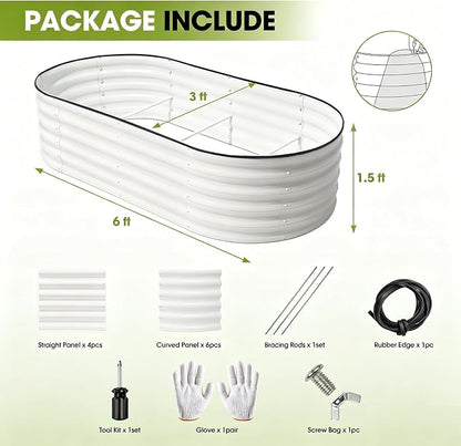 6x3x1.5ft Galvanized Raised Garden Bed Outdoor, 18'' Oval Large Metal Planter Garden Boxes for Gardening, Planting Deep Root Vegetables, Herbs, Fruits, Flower, Rustproof, Rubber Strip, White