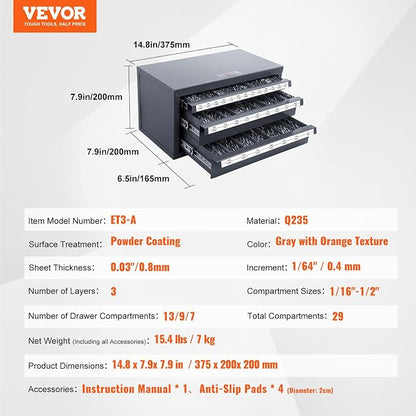 VEVOR Drill Bit Dispenser Cabinet, Three-Drawer Drill Bit Dispenser, Drill Bit Organizer Cabinet, Drill Dispenser Organizer Cabinet for Jobber Length Fractional Size 1/16" to 1/2" in 1/64" Increments
