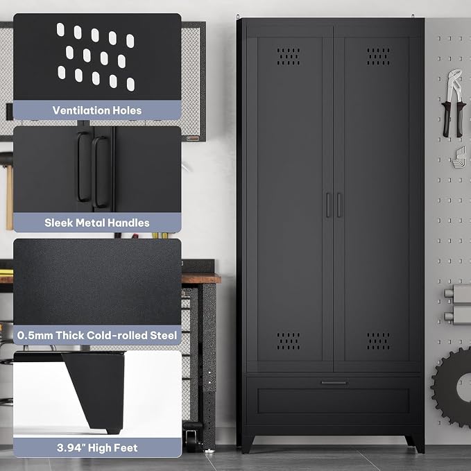 YITAHOME 71" Metal Garage Broom Cabinets with Adjustable Shelves, Vacuum Storage Cabinet with Doors and Drawer, Tool Storage Cabinet for Gym, Basement, Warehouse, Black, Metal | Built-in Pegboard, Adjustable Shelves, Heavy-Duty Metal, for Garage Gym Ba...