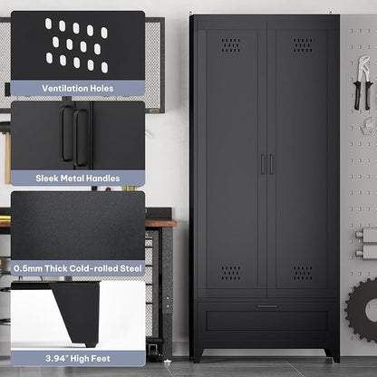 YITAHOME 71" Metal Garage Broom Cabinets with Adjustable Shelves, Vacuum Storage Cabinet with Doors and Drawer, Tool Storage Cabinet for Gym, Basement, Warehouse, Black, Metal | Built-in Pegboard, Adjustable Shelves, Heavy-Duty Metal, for Garage Gym Ba...
