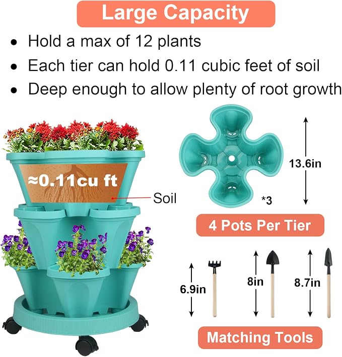 GameXcel Vertical Planter Tower - 3 Tier Stackable Garden Planters with Wheels and Tools Plant Pots for Strawberry Herb Flower and Vegetable Indoor Outdoor Use Teal