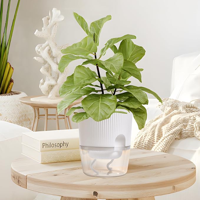 3 Pack - 5.5 Inch Self Watering Planter Pots for Indoor Plants - African Violet Pots with Wick Rope - White